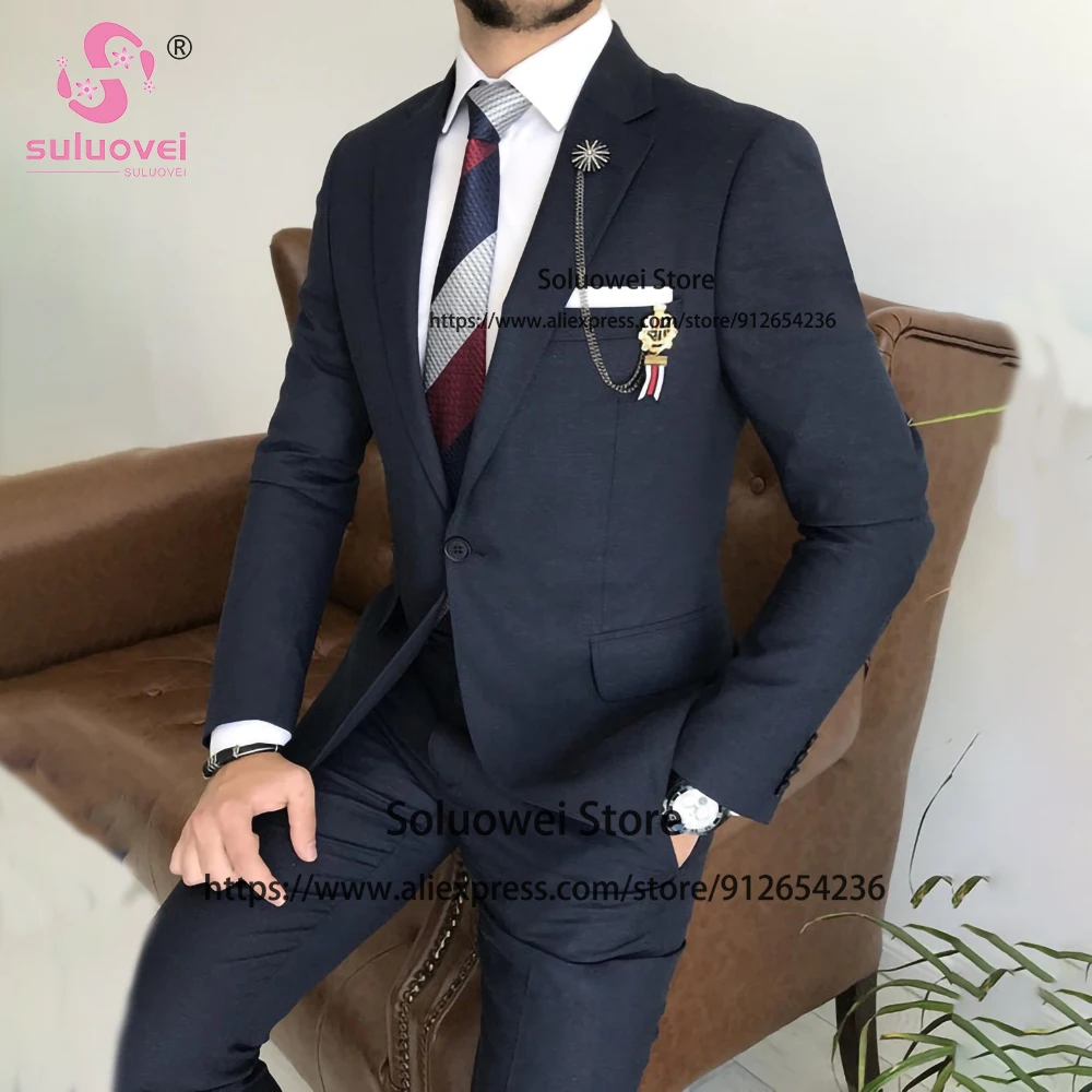 Fashion Navy Blue Slim Fit Suits For Men Formal Groom Wedding Notch Lapel Tuxedo 2 Piece Jacket Pants Set Male Business Blazer