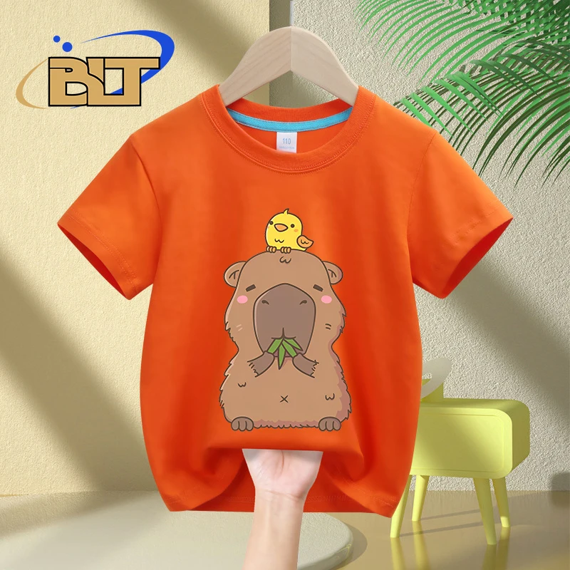 Cute Capybara & Yellow Bird Cartoon Print Kids' Summer T-Shirt