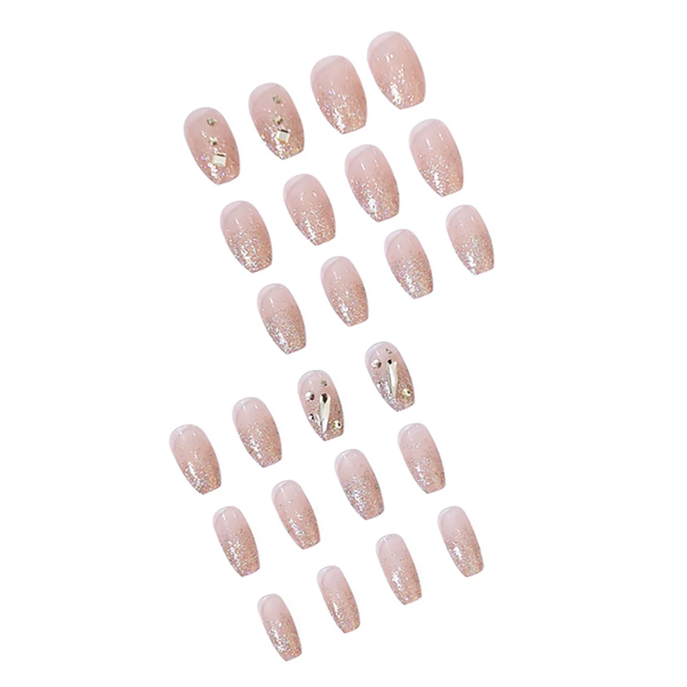 24 Pcs Short Coffin Press On Nails with Rhinestone