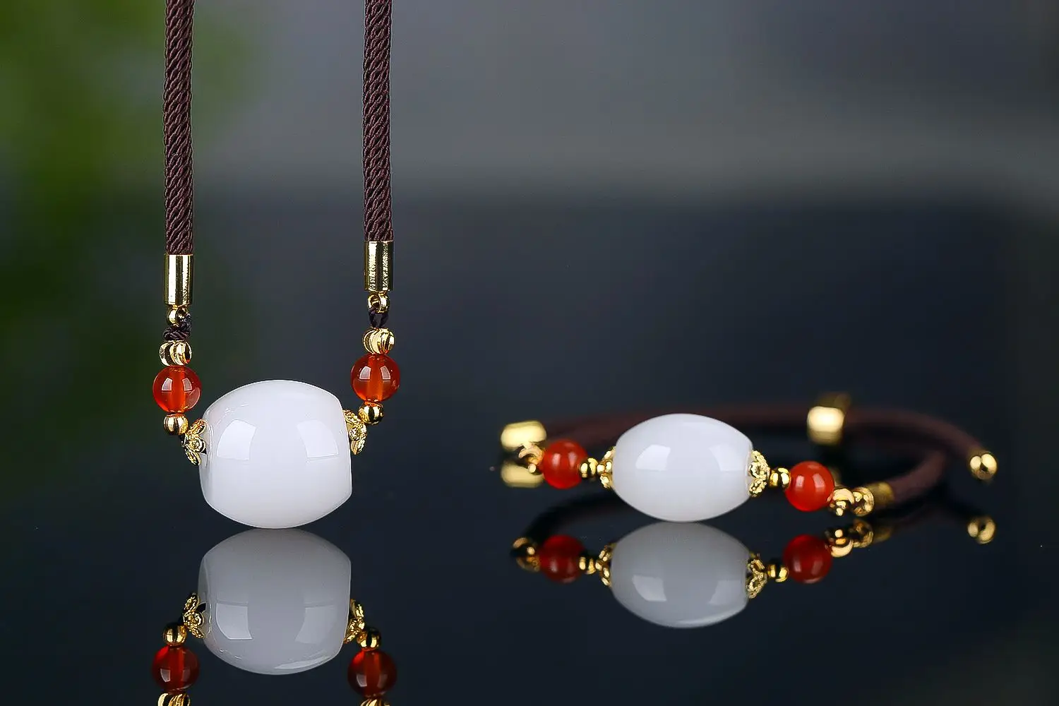 Clavicle Chain Natural Golden Silk Jade Agate Beads Two Pieces Bracelet Necklace Exquisite Jewelry Pendant Lucky Festival Gift