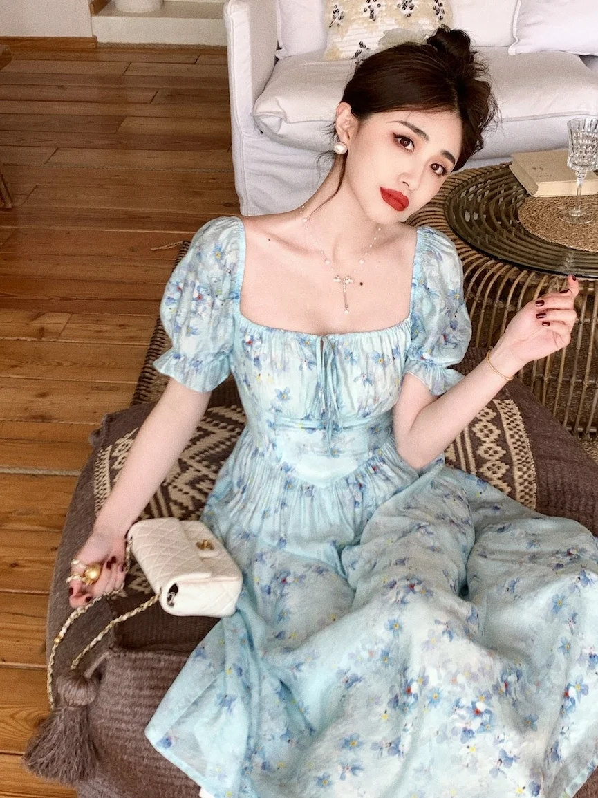 

French manor summer four-color printed dress