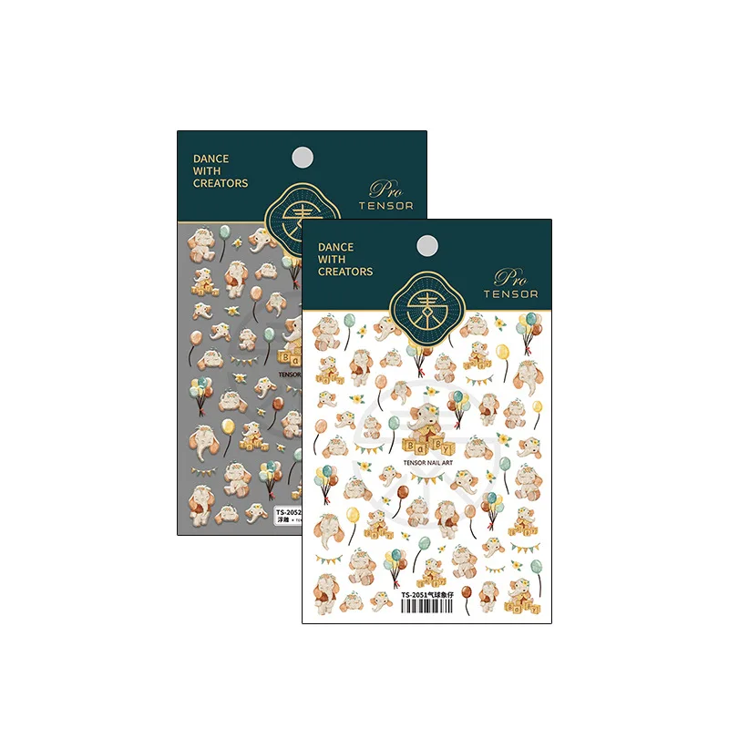 1 Sheet 5D Realistic Relief Cute Balloon Playing Elephant Baby Party Adhesive Nail Art Stickers Decals Manicure Ornaments 5