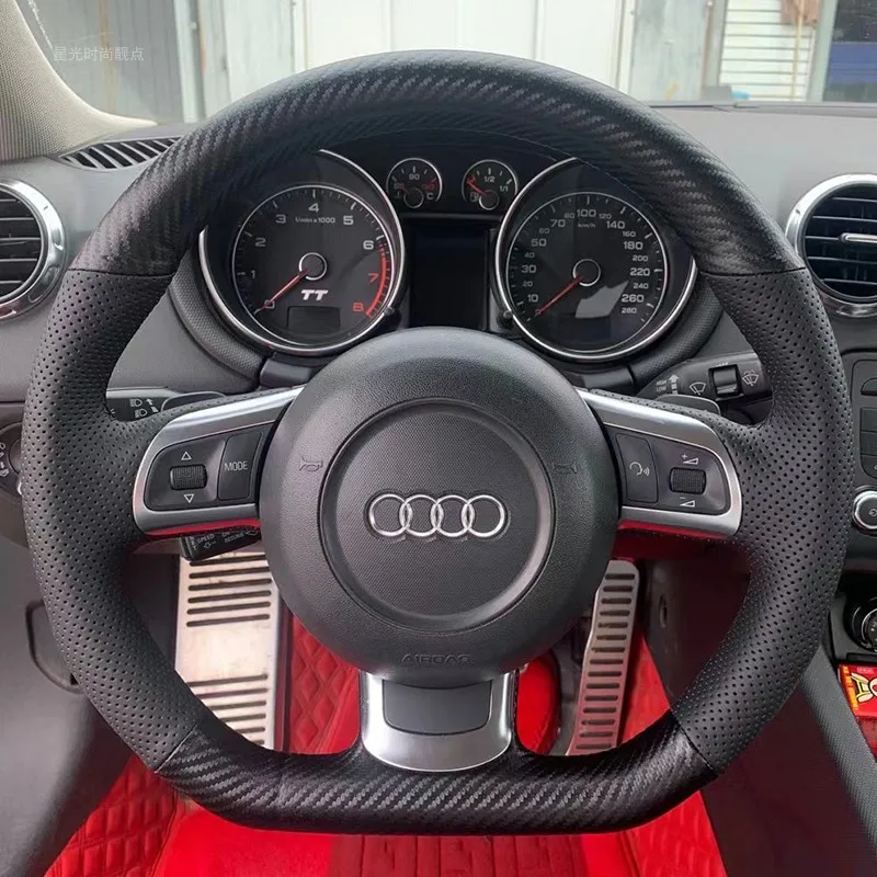 

Изготовленная на заказ Нескользящая дышащая кожа для Audi TT 8J A3 8P чехол рулевого колеса автомобиля карбоновый черный интерьер автомобиля