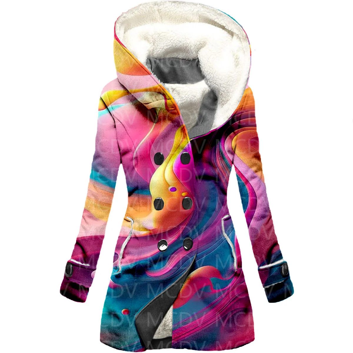 Retro Geometry 3D Printing Fleece Hooded Cloak Women Thick Warm Coat Women's Winter Warm Overcoat 01