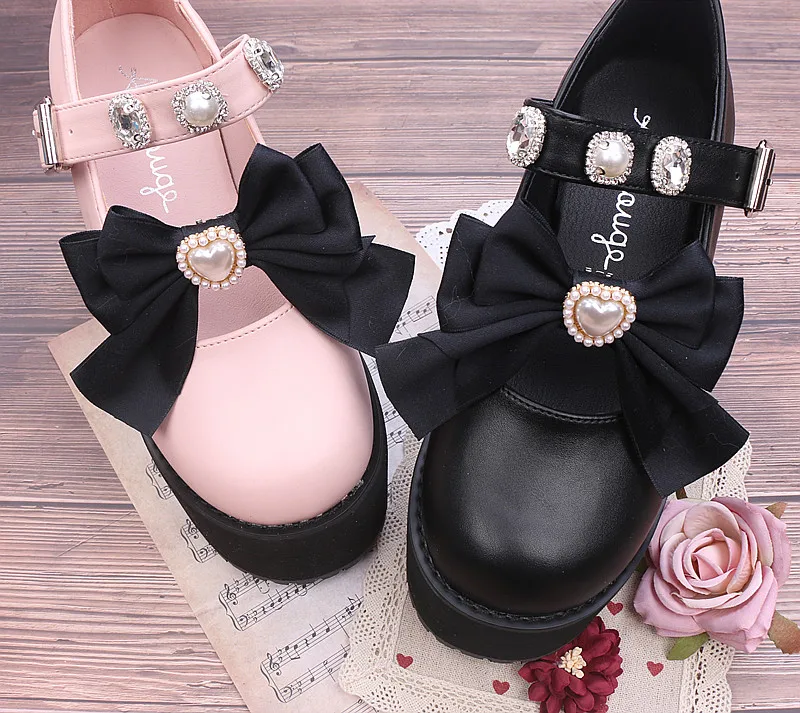 Handmade Japanese Style Pearl Heart Big Bow Shoe Clip Student Girls Sweet Cute Shoe Buckle Lolita Shoe Accessories