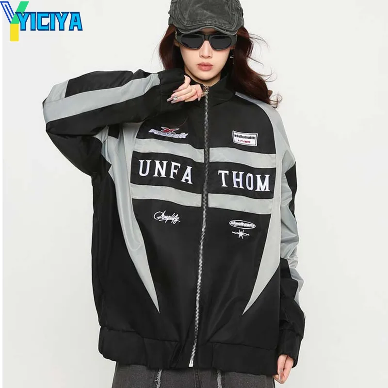 

YICIYA jacket black embroidery bomber women new outerwears Varsity Jackets Racing Baseball Coats outfits fashion American retro