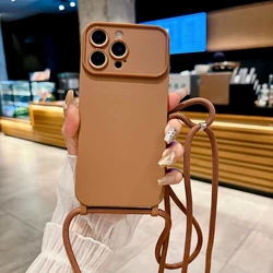 Adjustable Candy Color Crossbody Strap Lanyard Silicone Phone Case - 15Promax (Brown)