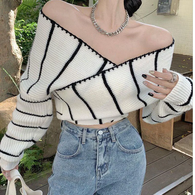 

Deeptown Vintage Cropped Striped Sweater Women Kpop Off Shoulder Slim Sexy Knitted Female Jumper Korean Fashion Knitwear Gyaru