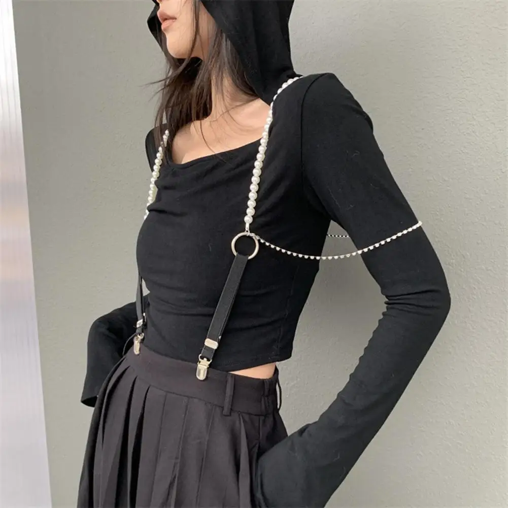 Body Harness Rhinestone Faux Leather Suspenders Belt for Women with Adjustable Elastic Duck-mouth Clip Back Strap Stylish