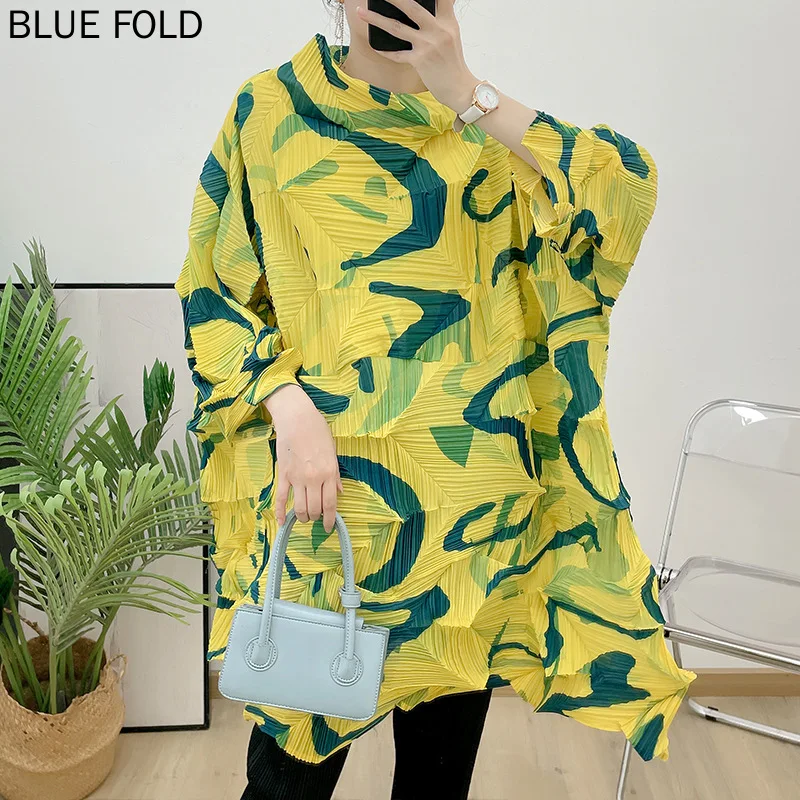 

MIYAKE-Diamond Плиссированный Топ, Свободный пуловер, плиссированная футболка, топ с принтом, случайные, длинные, элегантные рубашки, осень