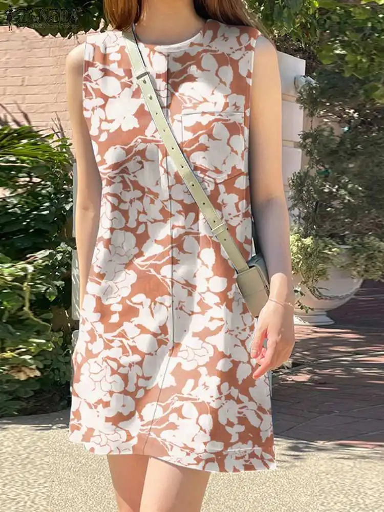 

ZANZEA Summer Tanks Dress Women Bohemian Printed Sundress Casual Floral Holiday Dresses Knee Length Robe Party Vestidos Sarafans