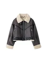 Winter Women Fashion With Belt Suede Lamb Leather Jacket Coats Faux Shearling Sheepskin Leather Outerwear Chic Tops