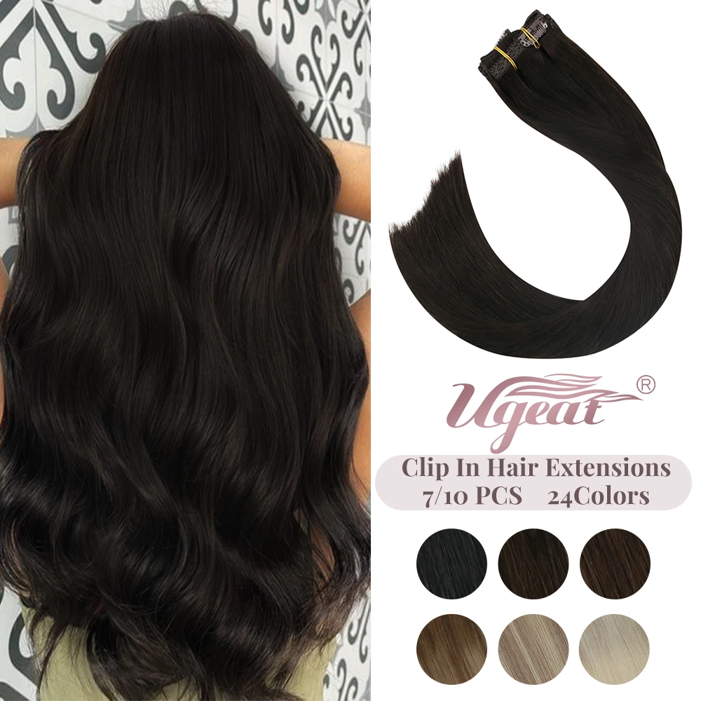 Ugeat Clip in Hair Extensions Human Hair Straight Black Machine Remy
