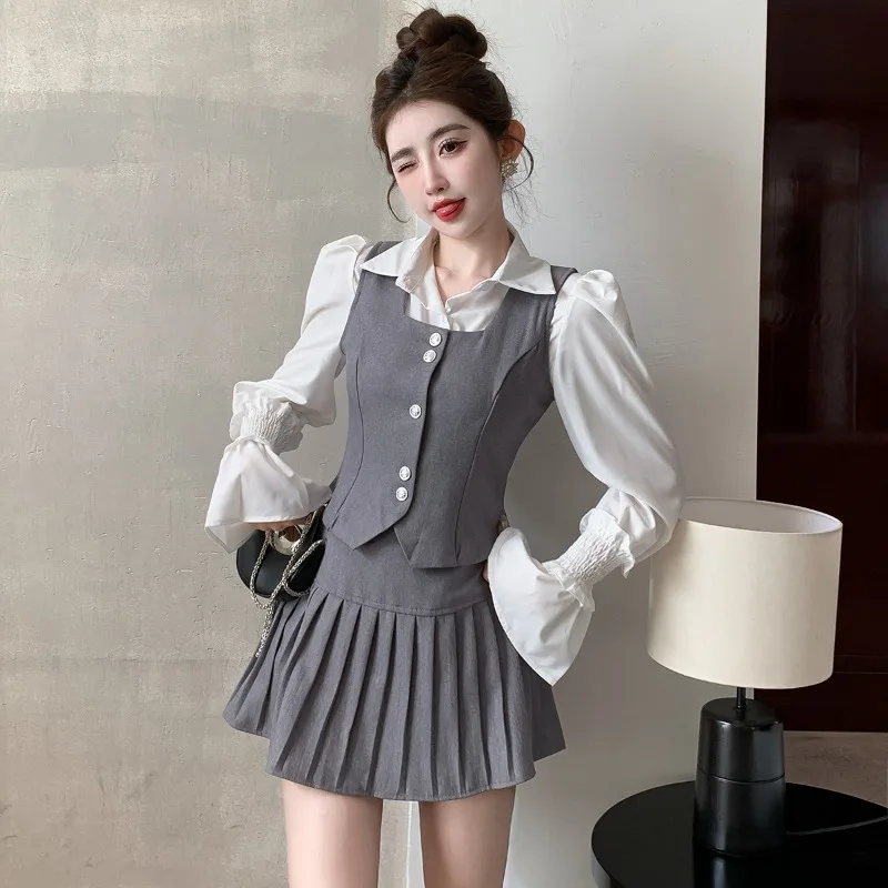 

Autumn New Style Korea Single Breasted Suit Vest Short Jacket + Flare Sleeve Shirt + High Waist Pleated Skirt Three Piece Set