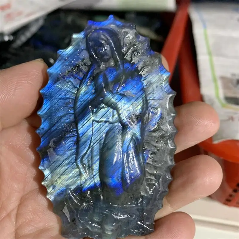 1pc natural labradorite cristal artesanal madonna esculpida estátua para decoração de casa presente escultura decorar presente