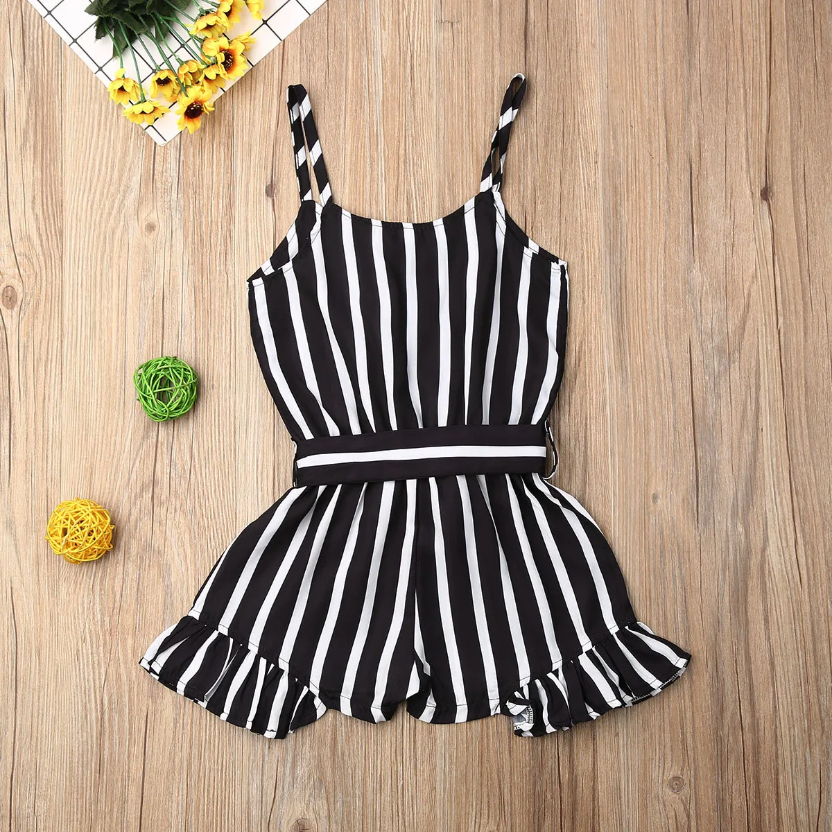 3-8Y  ҳ Playsuits     μҸ Ruffle Stripe Short Romper  Ʈ Kids Casual Overalls