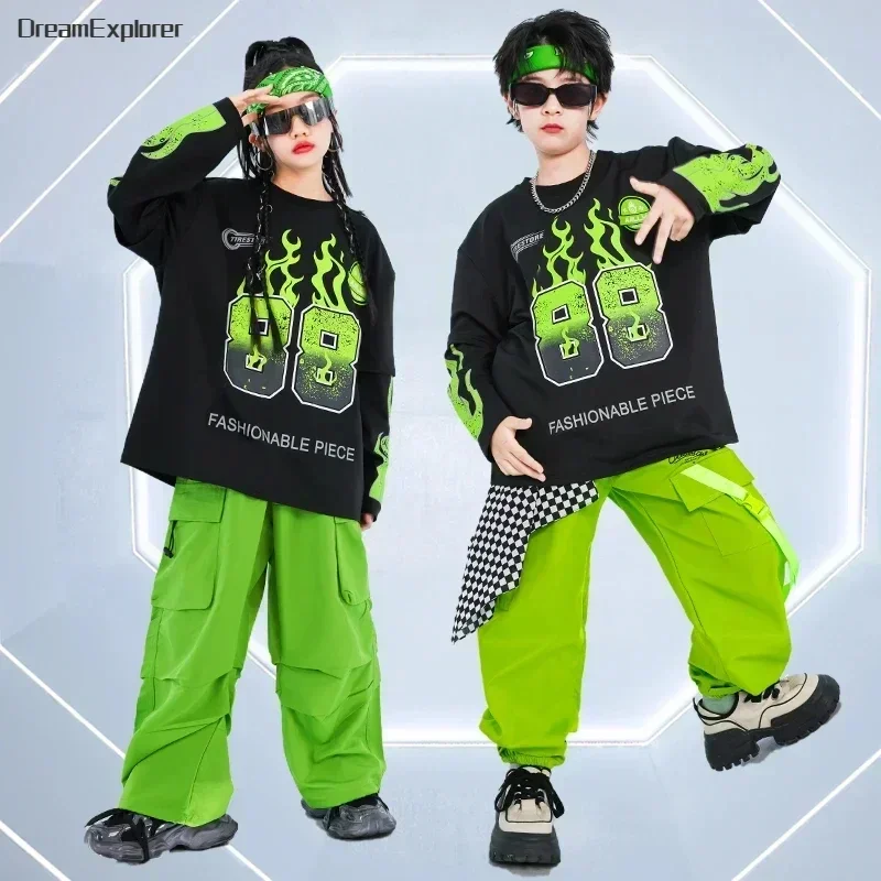 Girls Cool K-pop Vest Sweatshirt Cargo Pants Boys Hip Hop Street Dance Clothes Sets Kids Jazz Green Costumes Children Streetwear