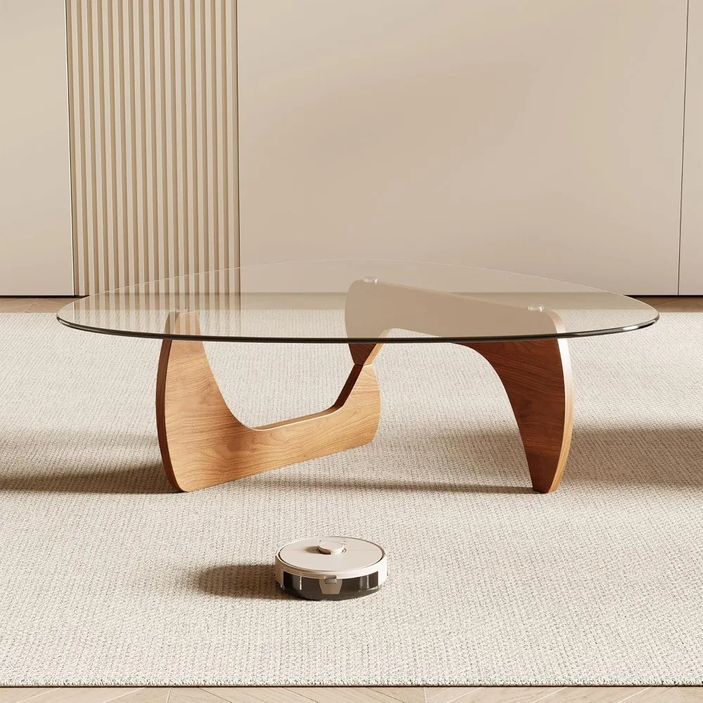 Modern Triangle Coffee Table 42.5" Tempered Glass Top Natural Wood Living Room Furniture
