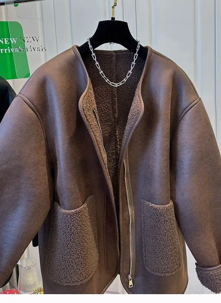 Women's Super Cute Zipper Fur Patchwork One-piece Round Neck Coat Top Warm Casual Winter Best Seller Coats and Jackets Women