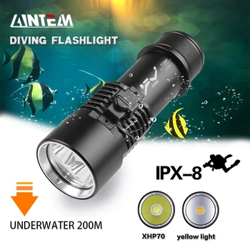 매우 밝은 다이빙 손전등, 노란색 및 흰색 LED, IPX8 방수 등급, 전문 다이빙 조명, 26650 배터리로 구동, XHP70
