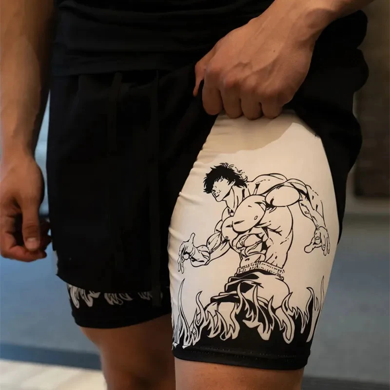 Anime Baki Hanma Gym Workout Shorts for Men Athletic Quick Dry 2 in 1 Compression Shorts Cosplay Costume 4