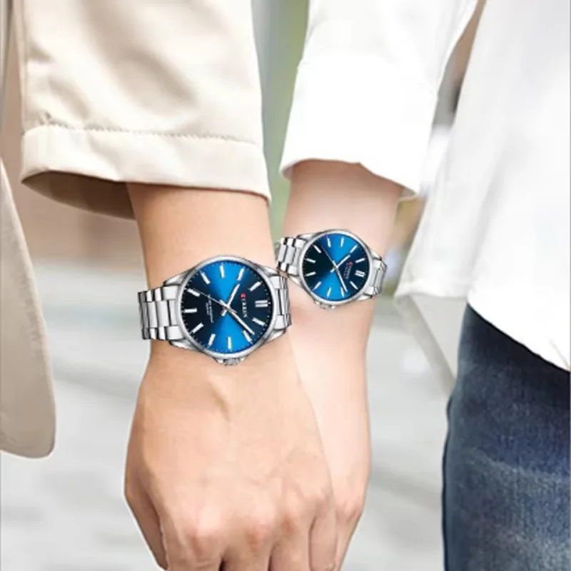CURREN 9090 New Product Couple Fashion Quartz Watch Round Dial Night Light Waterproof Stainless Steel Strap Exquisite Watch