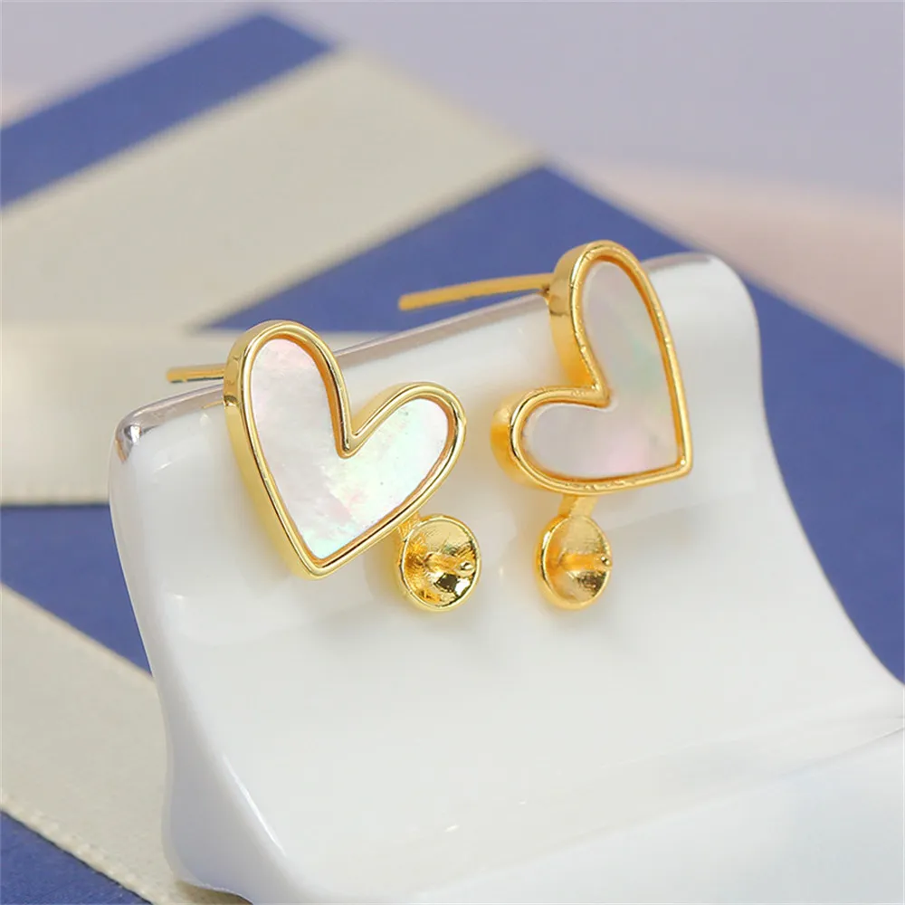 Domestic Copper 14K Gold Wrapped Love Mother-of-pearl Stud Earrings S925 Silver Pin Earrings Pearl Empty Tray DIY Accessories