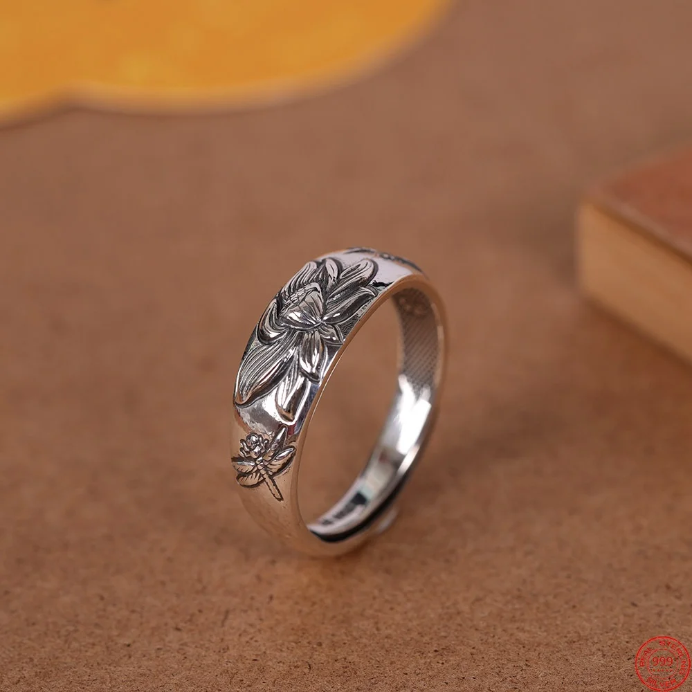S999 טבעת כסף סטרלינג לנשים גברים דפוס לוטוס שפירית רטרו מכתב סיני פו תכשיטי אופנה וינטג' סיטונאי