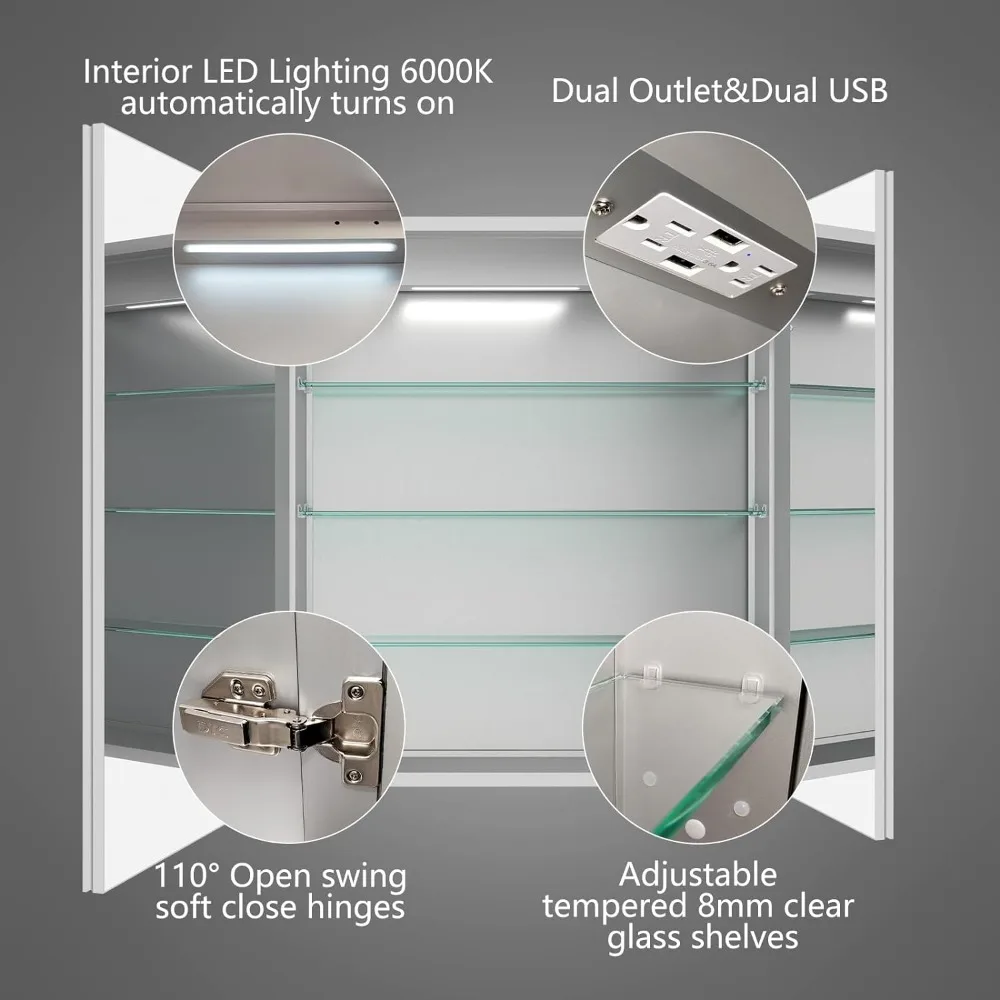 Lighted Medicine Cabinet 28x32 Inch,Recessed or Surface led Medicine Cabinet, Clock&Room Temp Display