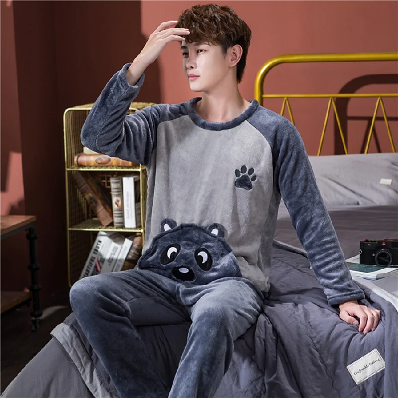 2021 Winter Long Sleeve Thick Warm Flannel Pajama Sets for Men Cute Cartoon Coral Velvet Sleepwear Pyjamas Homewear Home Clothes cheap pajama pants Men's Sleep & Lounge