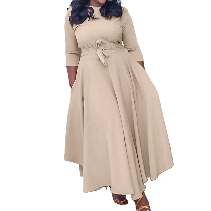 Autumn Winter Plus Size Women Clothes Solid Color Fashion Round Neck Bandage Three Quarter Sleeve Higt Waist Elegant Maxi Dress