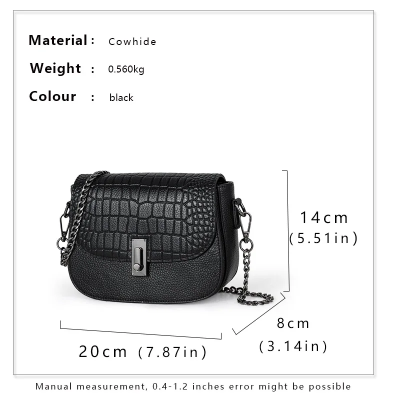 Fashionable crocodile pattern cowhide women's shoulder bag, casual and versatile black daily commuting mini shell bag
