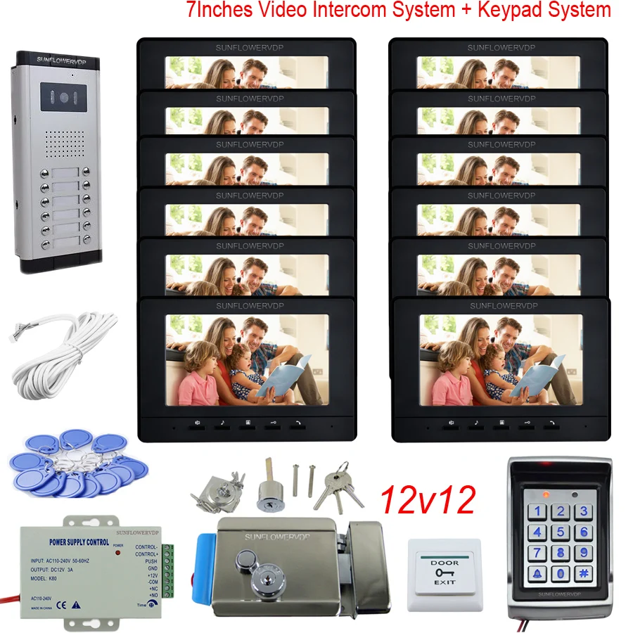 

Apartments Video Phone Rfid Code Access Control System Wired Video Intercom 8 10 12 Buttons Intercom Key 7Inches Monitor + Lock