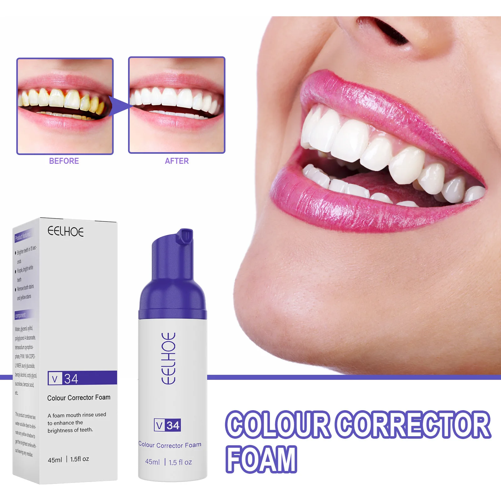 

EELHOE V34 Foam Whitening Toothpaste, Scaling, Yellow Stains, Toothstains, Stains, Fresh Teeth, White Teeth Dental Calculus