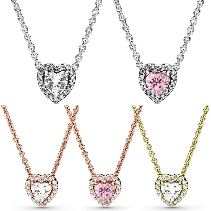 

Authentic 925 Sterling Silver Rose Timeless Elegance Elevated Heart Necklace With Pink Crystal For Fashion Gift Diy Jewelry