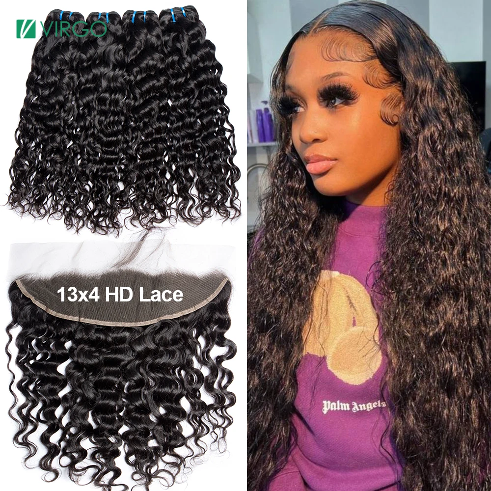 

30 32 Inch Water Wave Human Hair Bundles With Frontal Virgo 13X4 4X4 Hd Transparent Lace Frontal Closure With Hair Weave Bundles