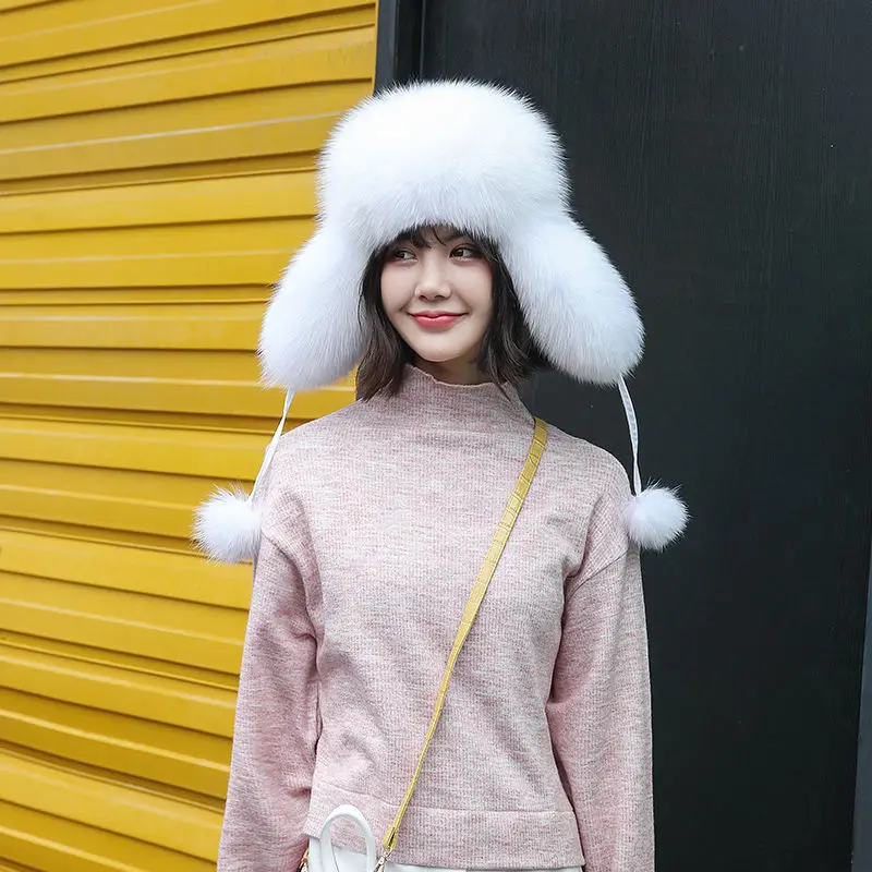 Fur Hat Winter Hat Real Fox Fur Hats Women&rsquo;s Russian Ushanka Aviator Trapper Snow Skiing Hat Caps Earflap