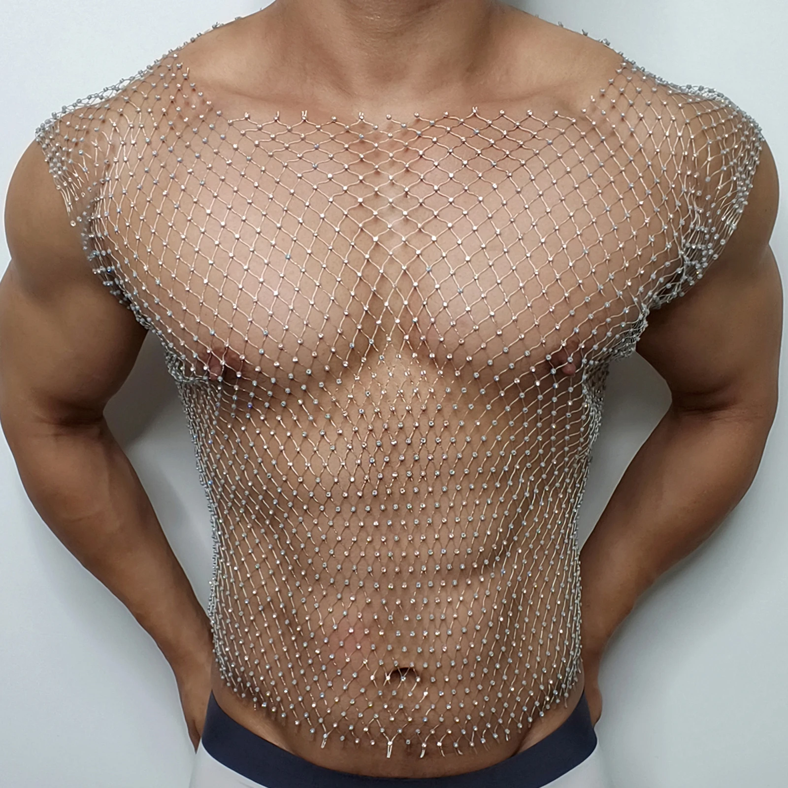 Men Sexy Tank Tops Fishnet Rhinestone Shiny Hollow Vest Man Mesh See-Through Sleeveless T-Shirt Transparent Clothing 3