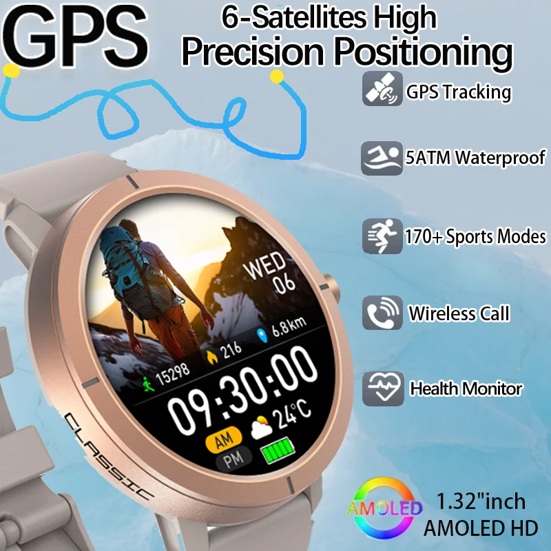 Smartwatch GPS 2026 con Display AMOLED da 1,32 Pollici, Chiamate BT, Impermeabile 5ATM, 170 Modalità Sportive, Batteria Grande da 360mAh, per Uomo e Donna, per Attività all'Aperto