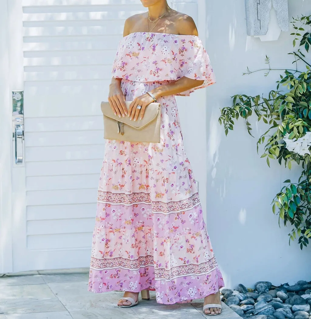 Flower Print Off Shoulder Long Dresses For Women Spring Summer New Fashion Temperament High Waist Leace-up Dress Female Vestidos 27 undefined