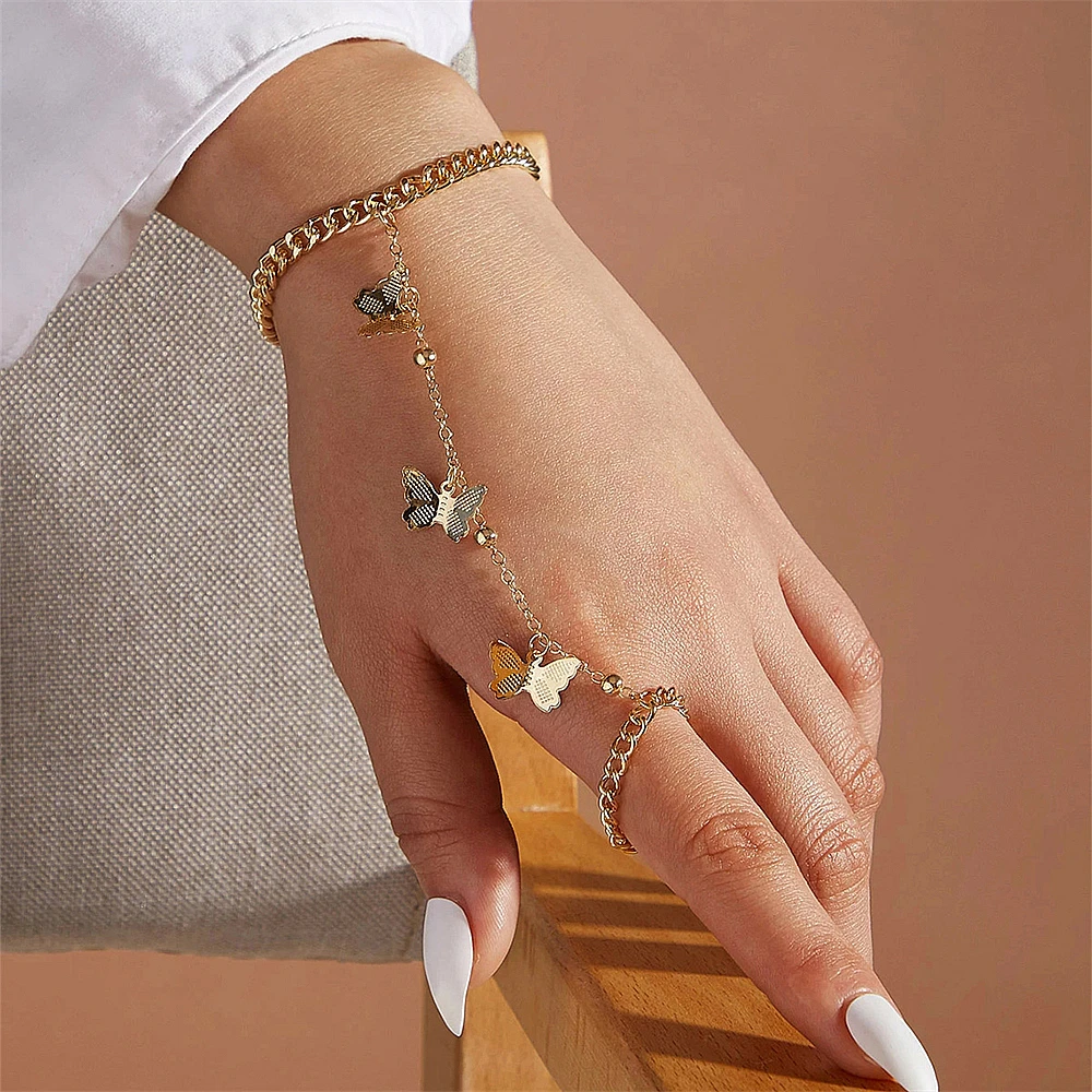 Punk Metal Finger Ring Link Bracelet Crystal Women Girls Summer Slave Conjoined Bracelet Hand Back Chain Jewelry bracelet jewelry