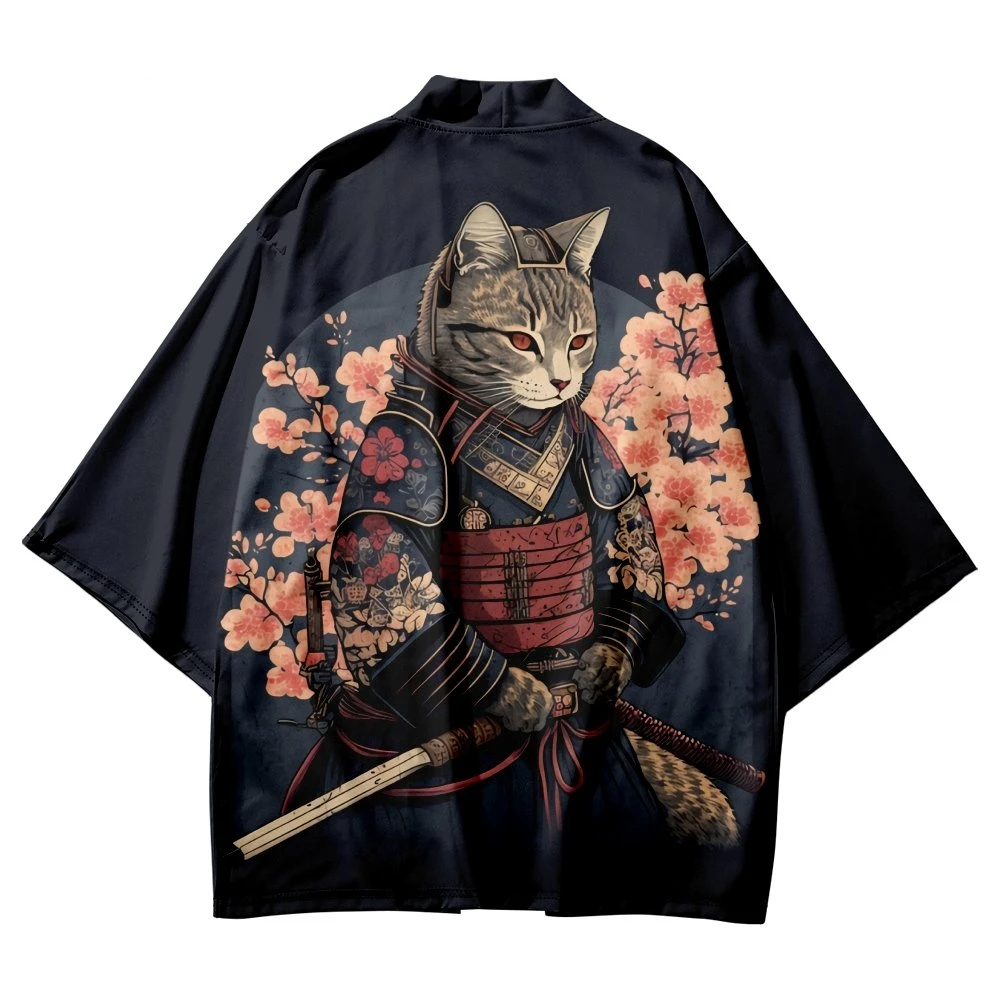 Plus Size Japanese Sakura  Samurai Print Kimono Streetwear Men Women Cardigan Harajuku Traditional Clothes Summer Beach Haori qweek goth harajuku plaid print black t shirt women streetwear japanese style korean summer punk tees tops 2021 alt clothes chic