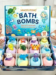 Luxurious Bath Bomb Gift Set with Surprise Inside - Ocean Collection, 12 Pack of 60g Bubble Bath Balls (A)