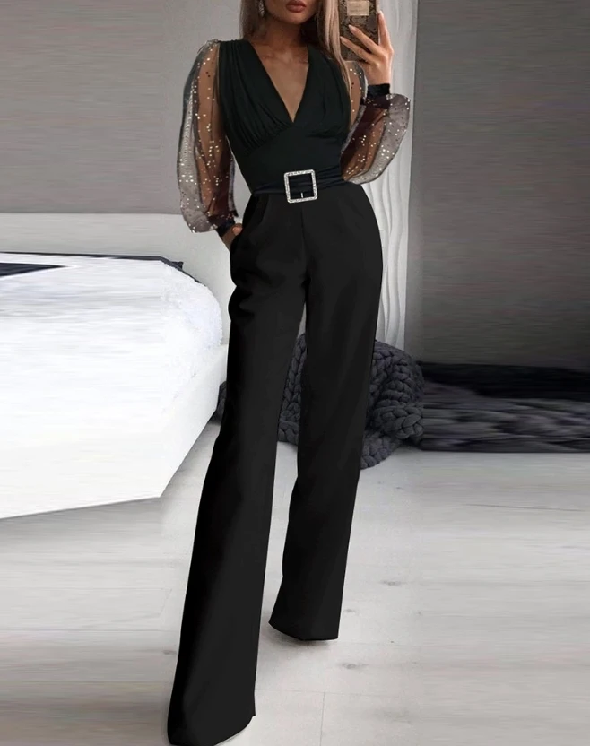 Woman Long Jumpsuits Elegant Sexy Glitter Sheer Mesh Lantern Sleeve Wide Leg Jumpsuit Female Clothing Outfits 2023 One Pieces