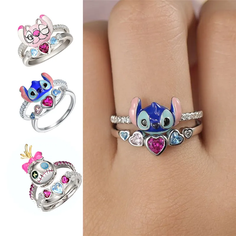 Disney Stitch Fashion Jewelry Ring Women Lilo Stitch Anime Figure Periferiche Cartoon Jewelry Halite Diamond Ring Double-Deck Gift