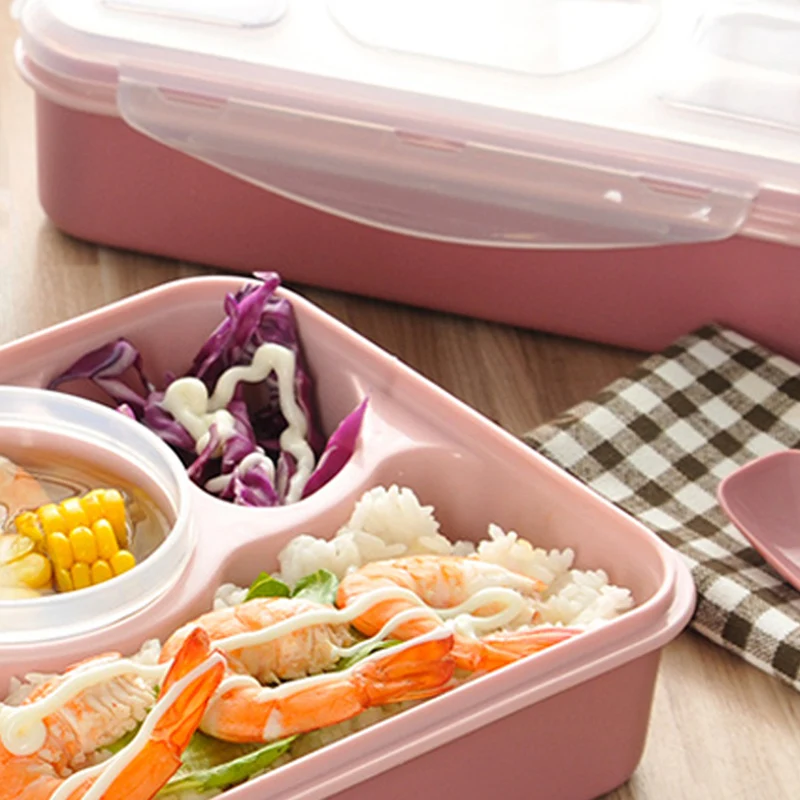Plastic Bento Lunch Box Food Container Microwave Kids School Lunchbox with Spoon Leakproof Food Box with Compartments Tableware