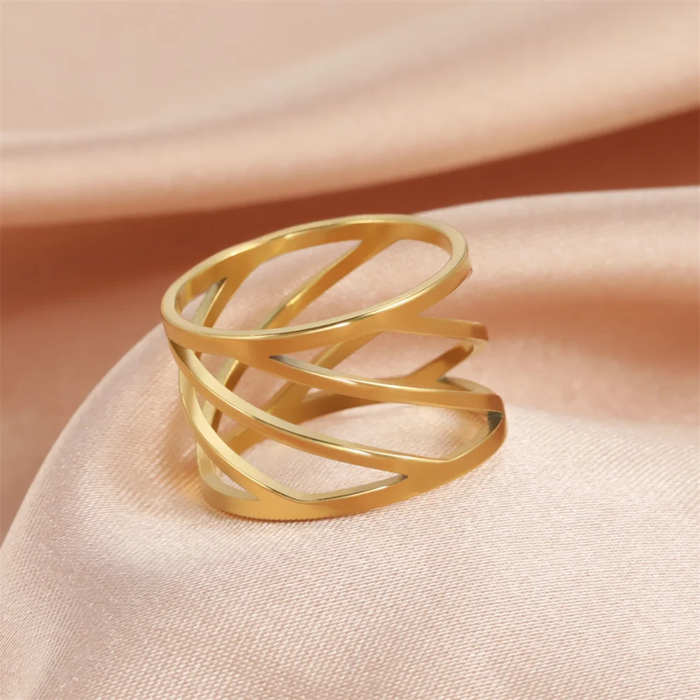 Frauen Kurve quadratische Kreuz ringe Edelstahl Gold Farbe minimalist ische geometrische Linien Ring Trend Hochzeits schmuck Valentinstag Geschenke – Detail 4