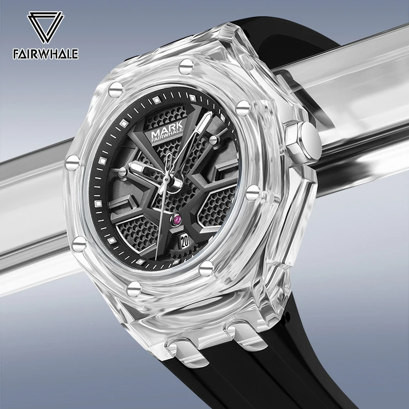 2024 Fashion Men's Watch Brand Mark Fairwhale Transparent Acrylic Quartz WristWatch Sports Silicone Strap Clock Boy Dropshipping