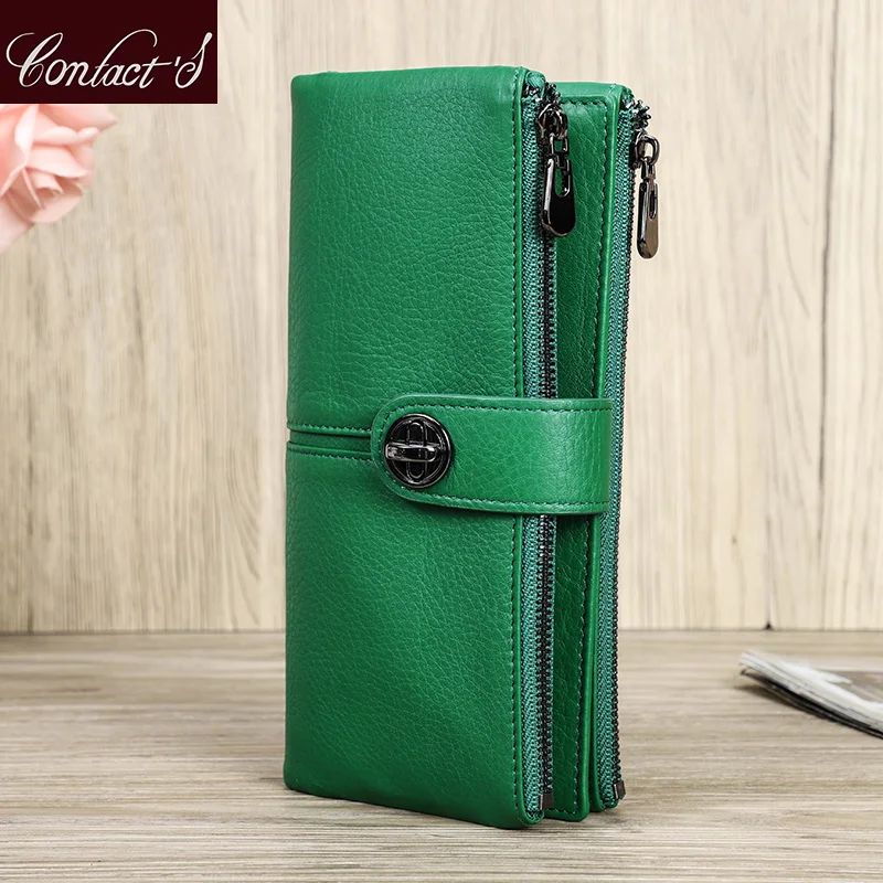 Green Hand-made Cowhide Leather Wallet Zipper Long Wallet | Baginning
