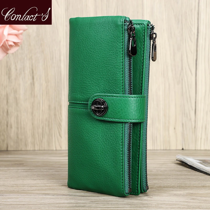 Contact'S cartera larga de piel auténtica para mujer, monedero de bolsillo con cremallera para teléfono verde, monedero con ranura para etiqueta de aire, Cartera de mano femenina| | AliExpress